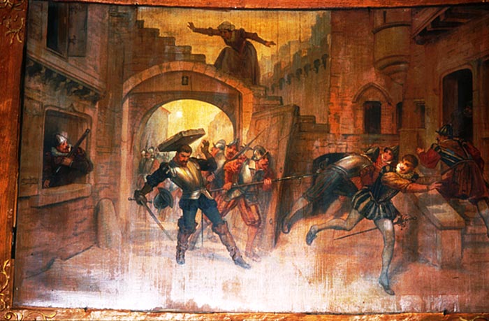 Pradelles - Tableau représentant  l'exploit légendaire de Jeanne La Verde lors de l'assaut des troupes protestantes en 1588.