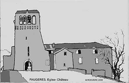 Faugères : église - château (dessin de Michel Rouvière)
