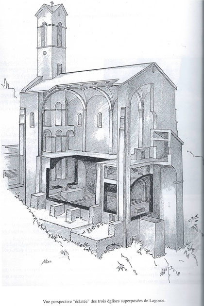 Dessin des trois églises superposées de Lagorce