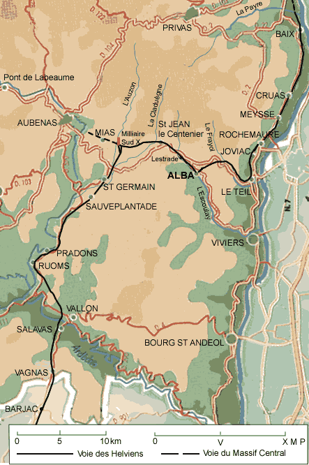 carte montrant le tracé de la voie des Helviens
